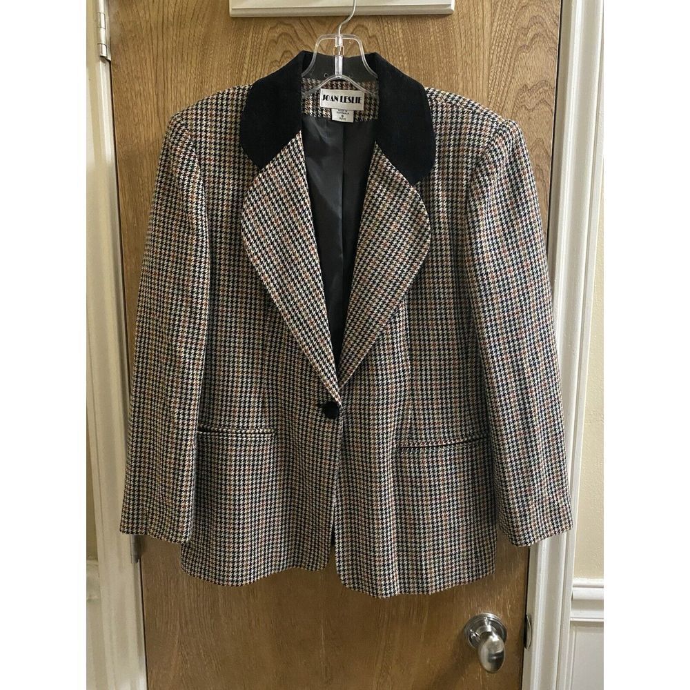 Vintage Joan Leslie Blazer Wool Blend Houndstooth Naturals Velvet Collar 6P